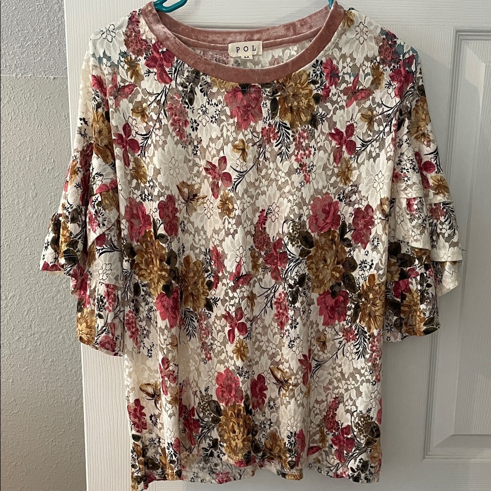POL Women's Floral Lace Top - Red, Pink, Gold